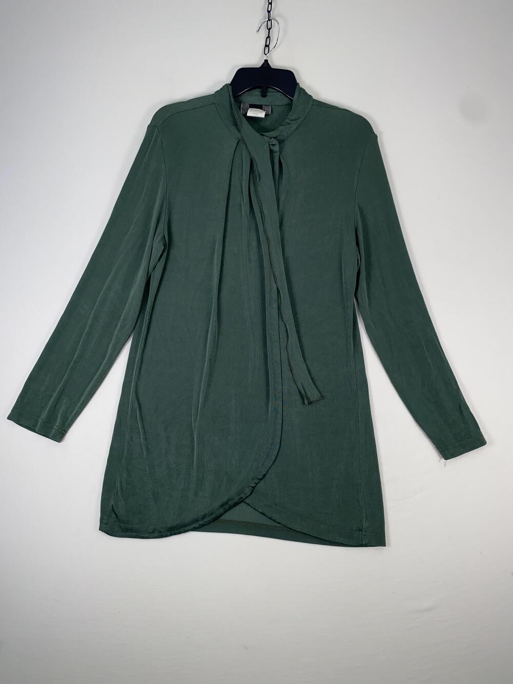 Slinky Brand Blouse Womens Large Green Mock Neck Long Sleeve Bow Tunic Top